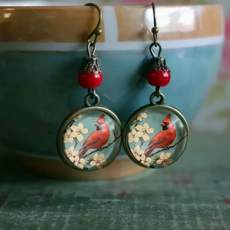Vintage-Inspired Glass Cabochon Cardinal Earrings for Pierced Ears