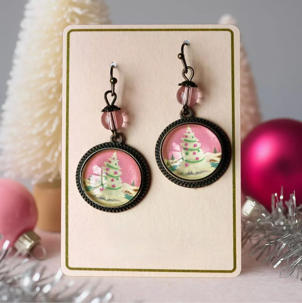 Vintage-Style Christmas Tree Earrings For Pierced Ears Pink & Green