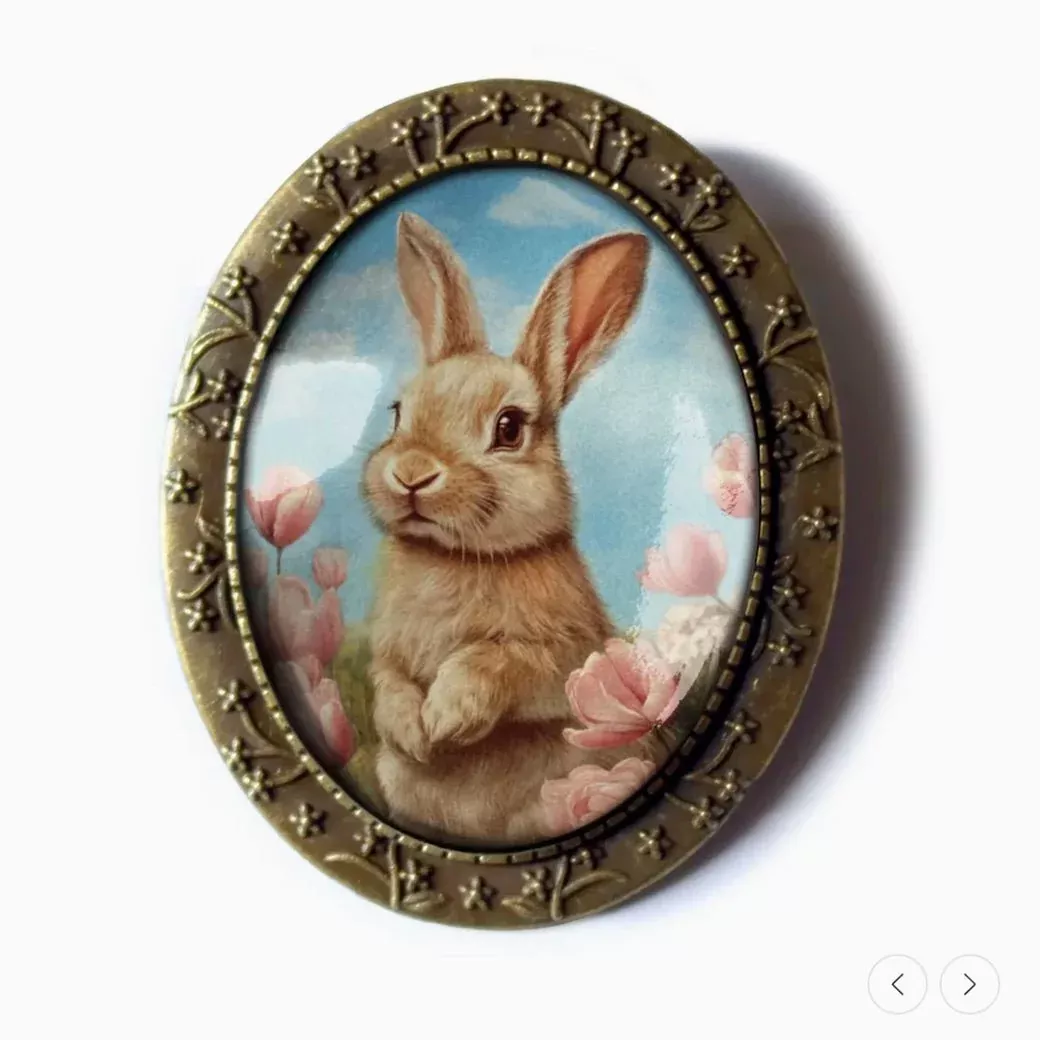 Vintage-Style Cottage Core Bunny w Pink Tulips Brooch