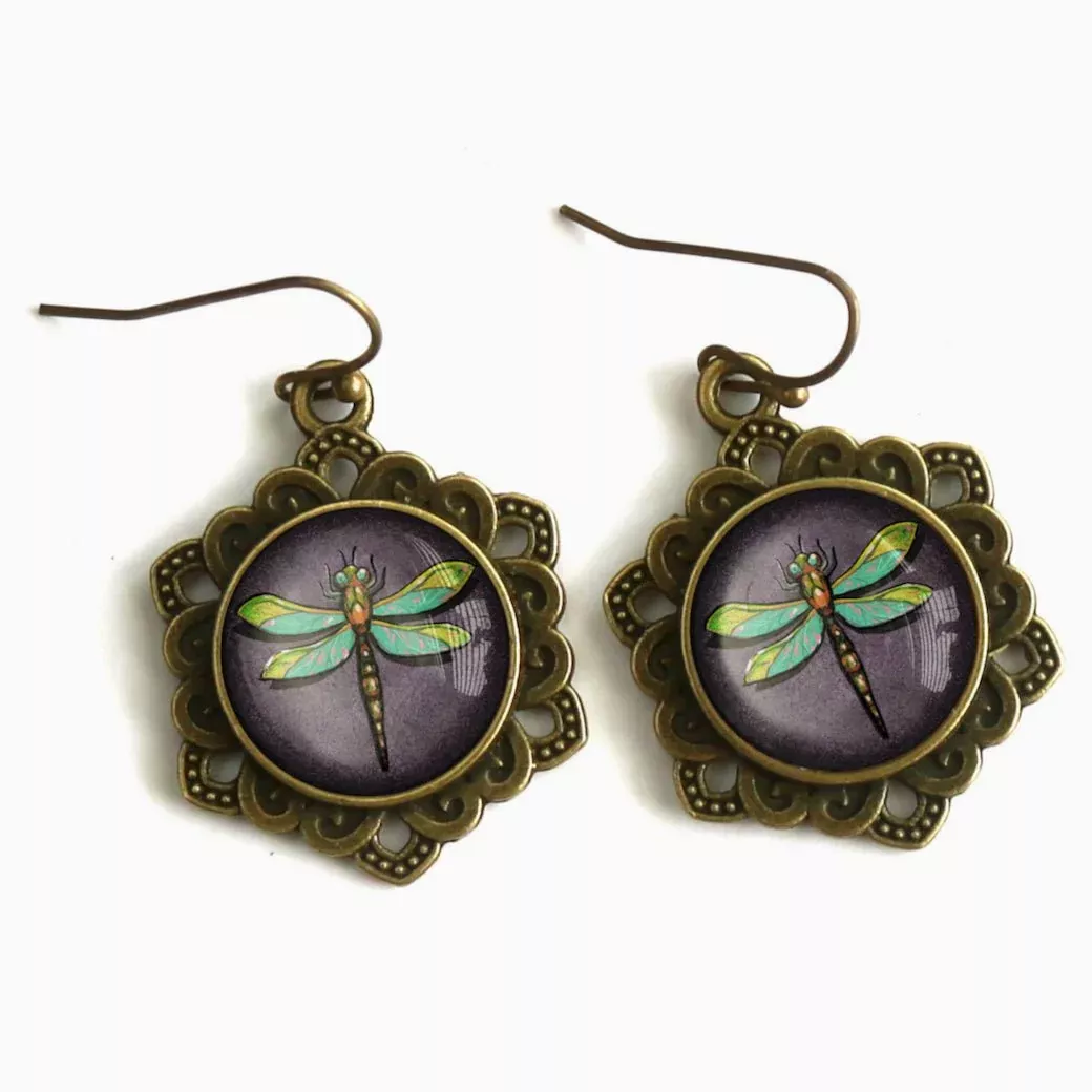 Vintage-Style Cottage Core Dragonfly Earrings