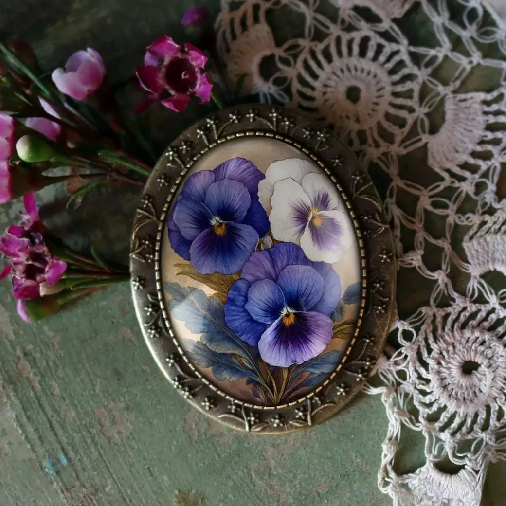 Vintage-Style Cottage Core Purple Pansies Brooch
