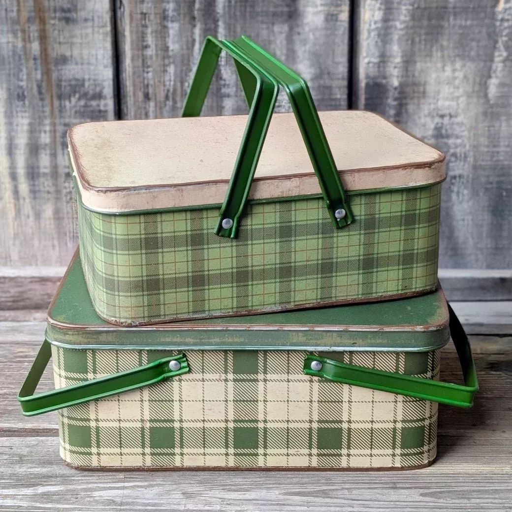Vintage-Style Distressed Metal Storage Bins with Swing Handles - Set of 2