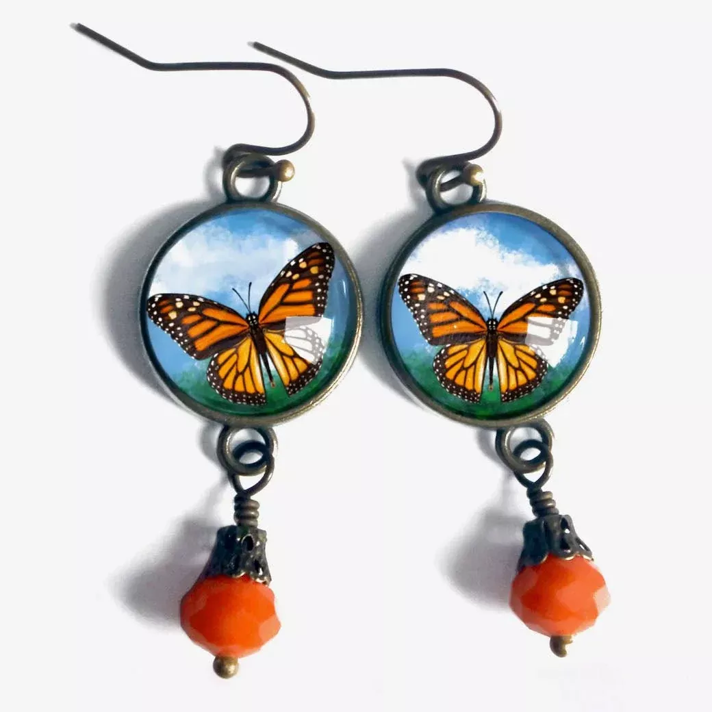 Vintage-Style Hand-Made Cottage Core Monarch Butterfly Pierced Earrings