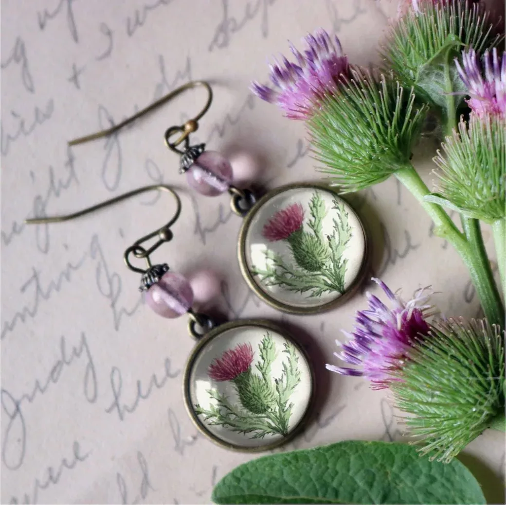 Vintage-Style Hand-made Cottage Core Scottish Thistle Earrings Pierced Ears