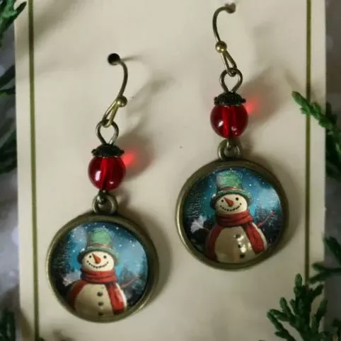 Vintage-Style Handmade Earrings Holiday Snowman for Pierced Ears