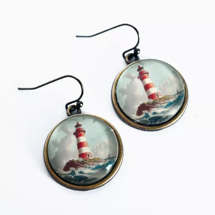 Vintage-Style Handmade Lighthouse Earrings Pierced Ears