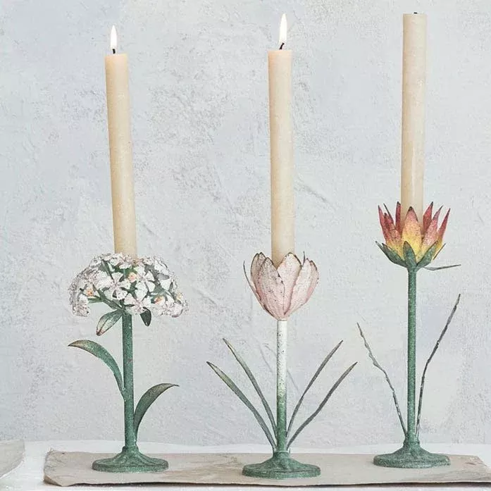 Vintage-Style Metal Toleware Flower Taper Holders CHOICE of Style