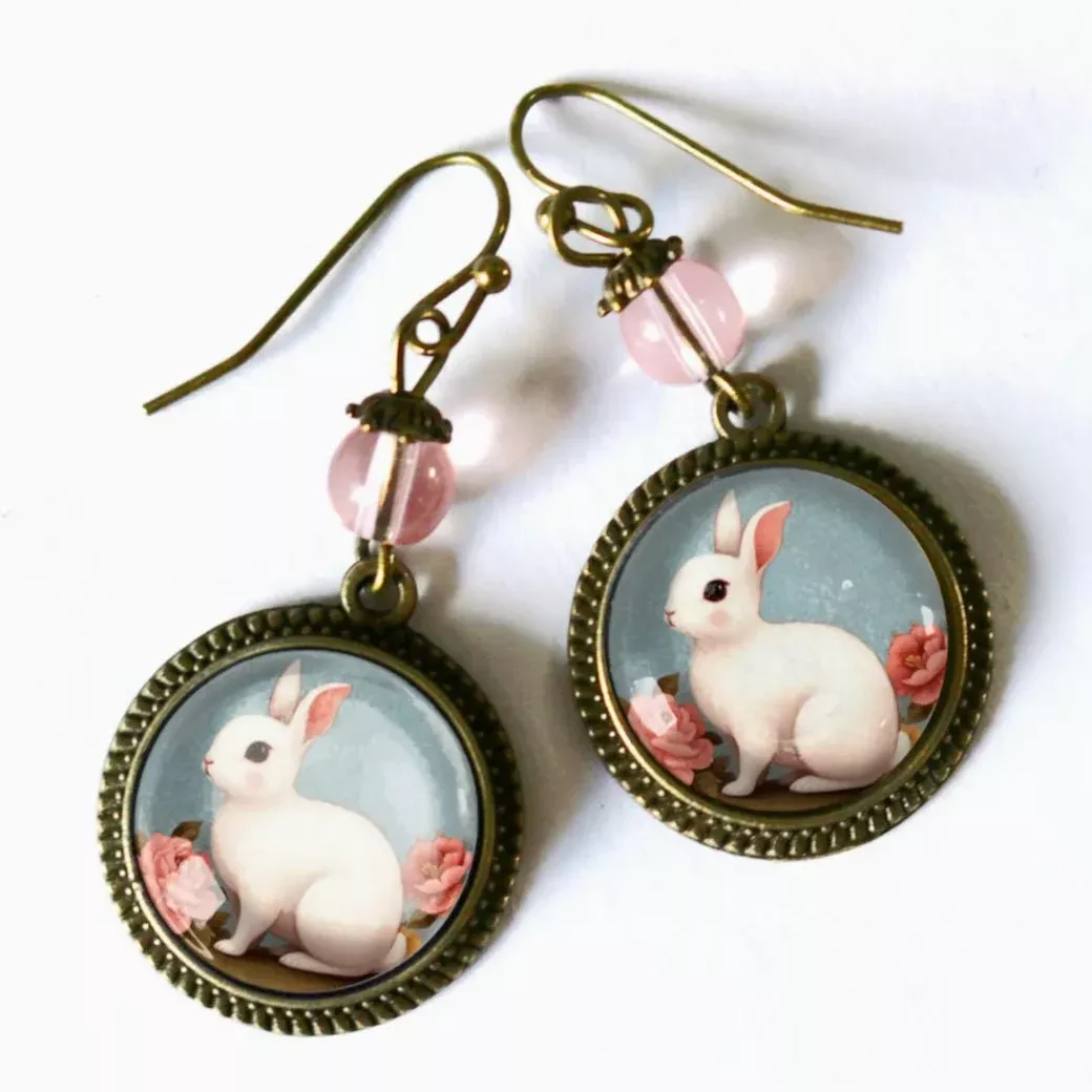 Vintage-Style White Bunny Earrings for Pierced Ears