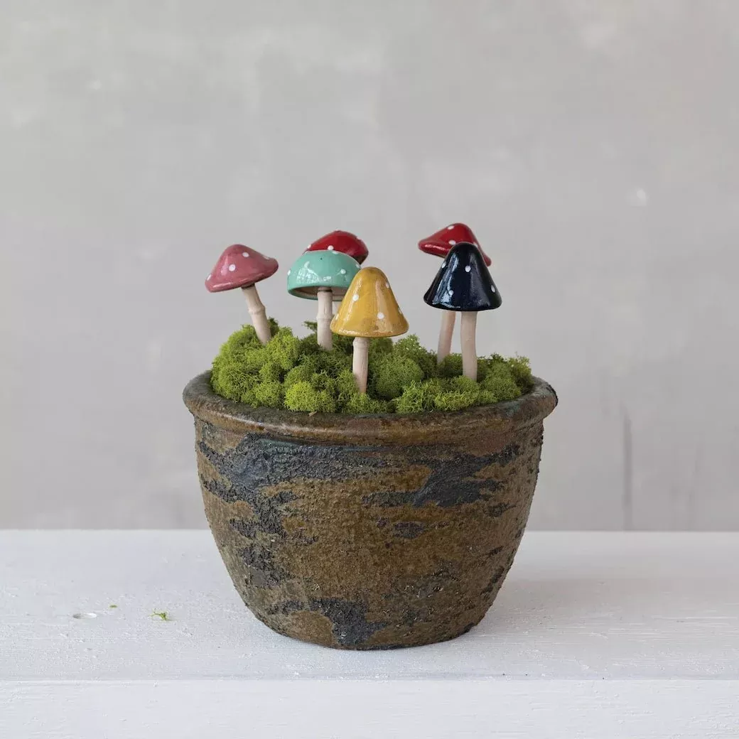 Whimsical Stoneware Mushroom Plant Stake CHOICE of 6 Styles (Each will vary)