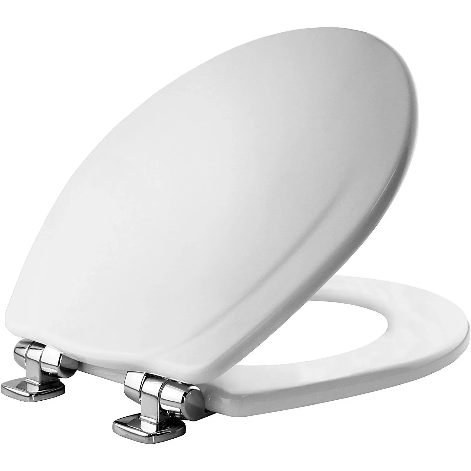 Whisper-Quiet Round White Wood Toilet Seat – Chrome Hinges
