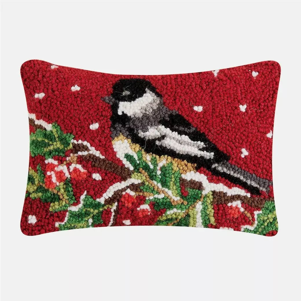 Winter Chickadee On Branch Wool Hooked Rug Pillow