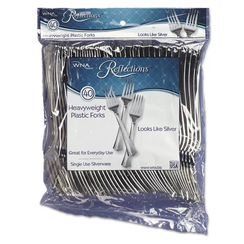 WNA REF320FK Reflections Heavyweight Plastic Utensils Fork - Silver (320/Carton)