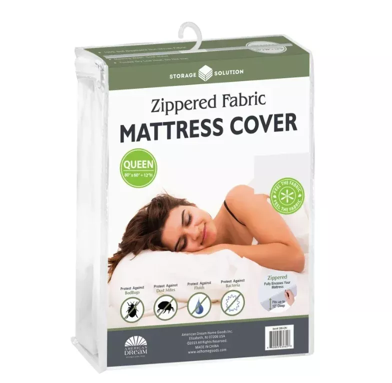 Zippered Fabric Mattress Cover – White – Queen – 12" Deep